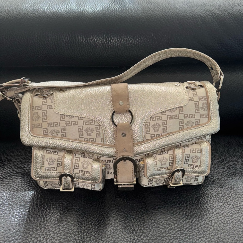 Versace Signature Metallic Gold Cream Canvas and Leather Bag